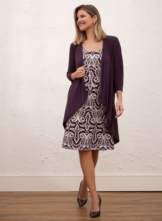 Brocade Print Dress & Jacket Set, Purple Pattern