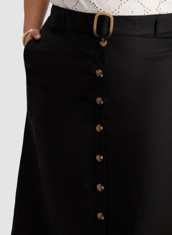 Button Detail Midi Skirt, Black