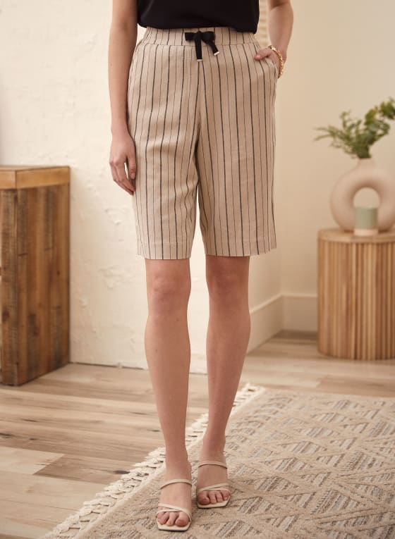 Stripe Print Linen-Blend Shorts, Beige