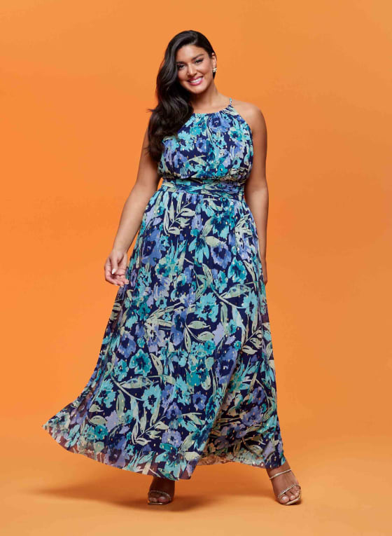 Leaf Print Dress, Blue Pattern