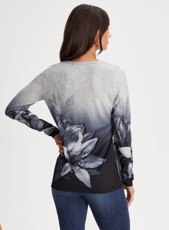 Graphic Print Scoop Neck Sweater, Grey Pattern