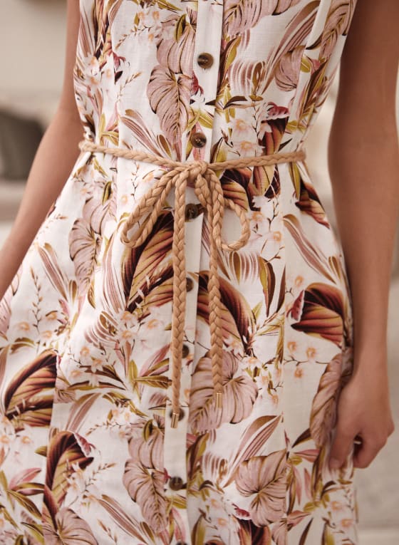 Tropical Print Linen Dress, Brown