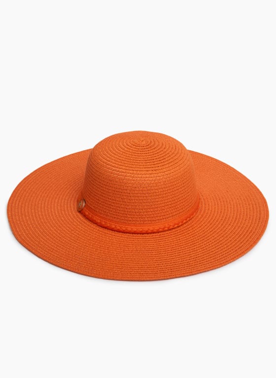 Wide Brim Chain Detail Straw Hat, Orange
