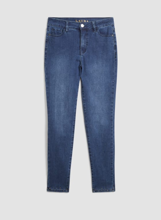 Rhinestone Detail Slim Leg Jeans, Light Blue
