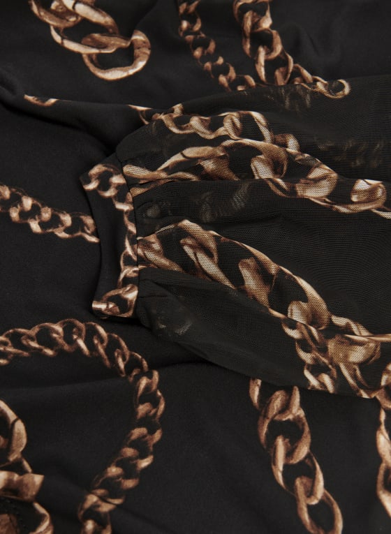 Chain Print Sheer Sleeve Tunic, Black Pattern