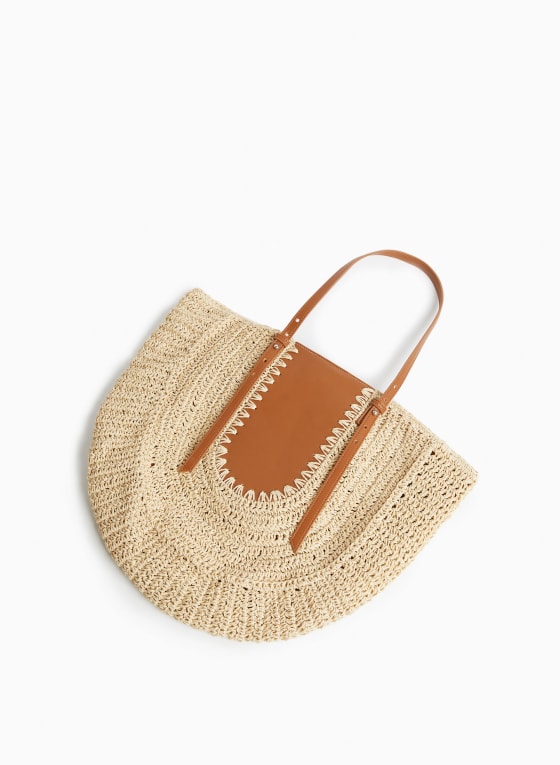 Straw & Vegan Leather Tote, Natural Beige