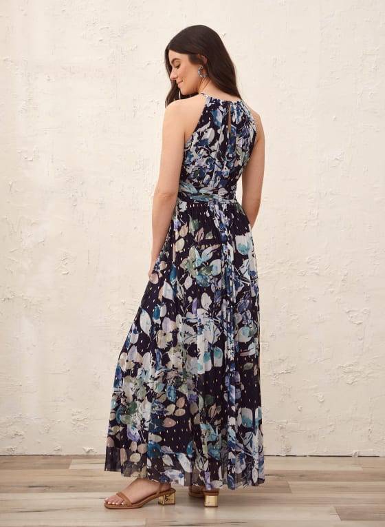 Floral Dot Print Maxi Dress, Blue Pattern