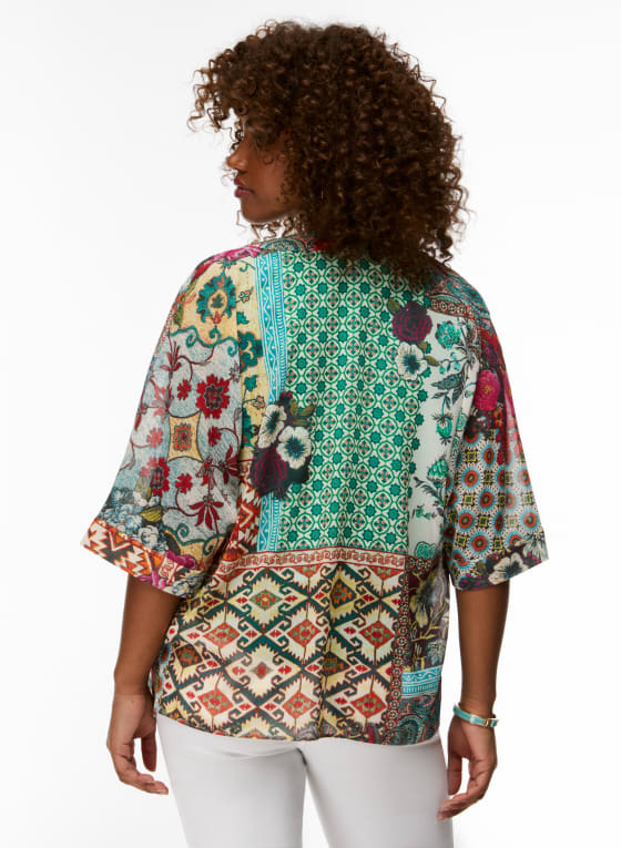 Paisley & Floral Motif Open Front Top, Green Pattern
