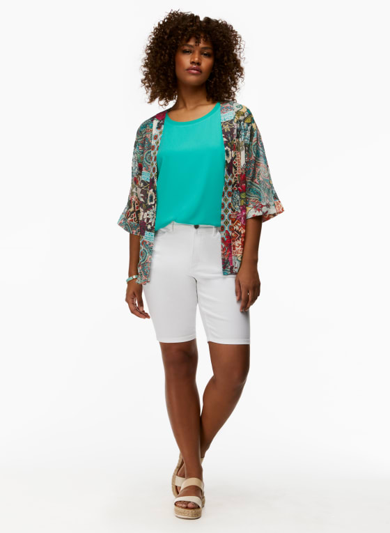 Paisley & Floral Motif Open Front Top, Green Pattern
