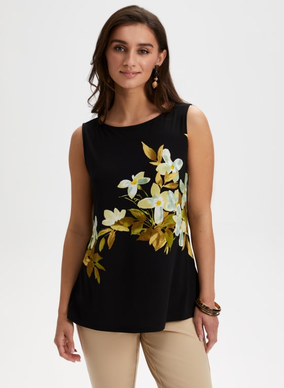 Tropical Floral Print Sleeveless Top, Black Pattern