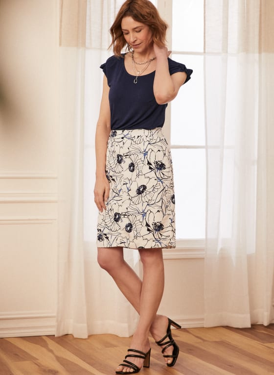 Floral Print Linen Skirt, White Pattern