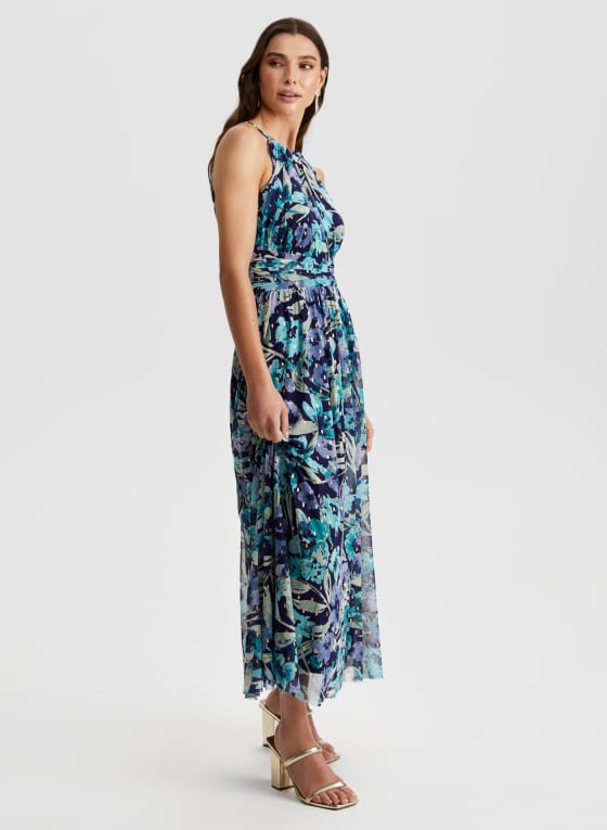 Leaf Print Dress, Blue Pattern