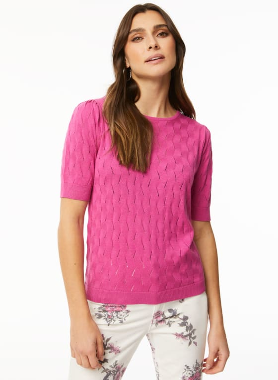 Short Sleeve Pointelle Sweater, Strawberry Pink