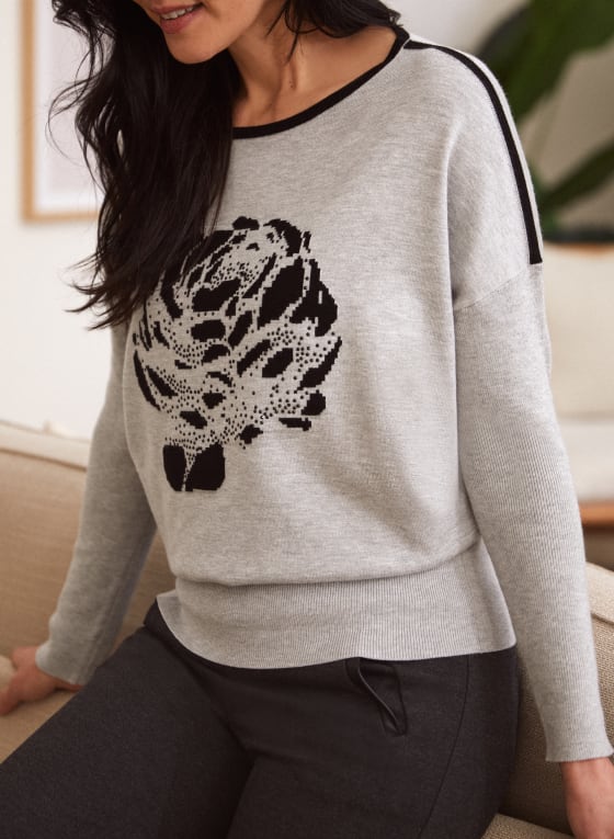 Abstract Floral Print Sweater, Grey