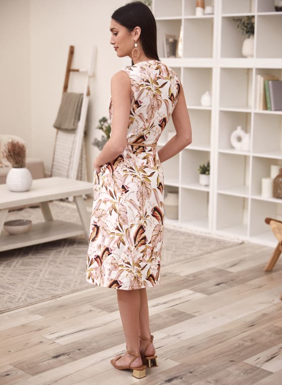 Tropical Print Linen Dress, Brown
