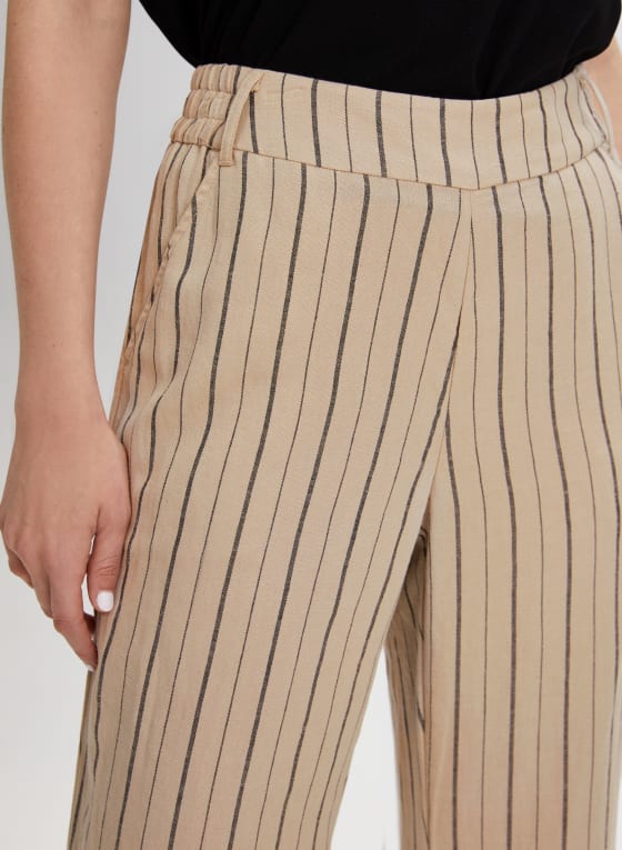 Pull-On Stripe Print Linen-Blend Pants, Mushroom Mix