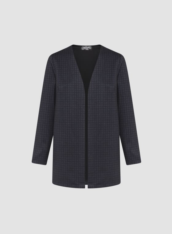 Checkered Print Open Front Jacket, Marine