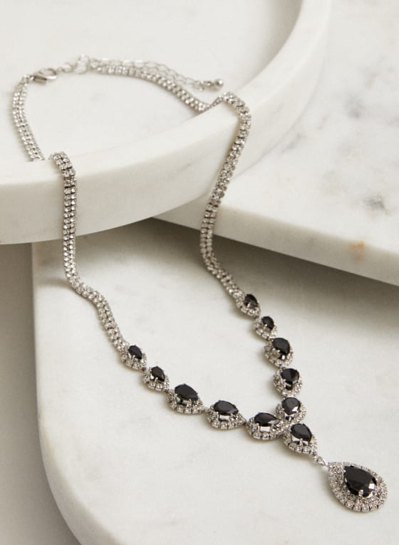 Stone & Crystal Pendant Necklace, Black