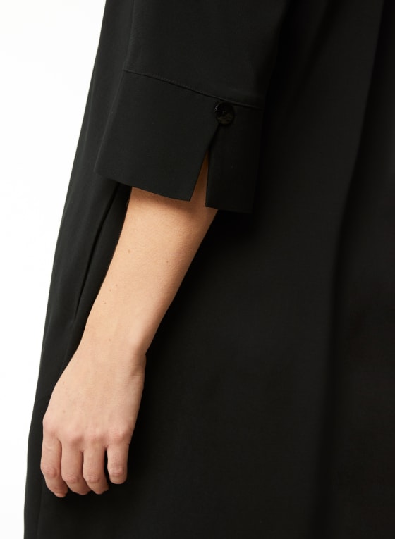 Satin 3/4 Sleeve Shirt Dress, Black