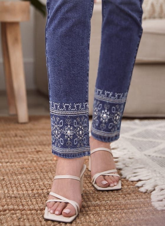 Embroidered Straight Leg Jeans, Indigo Blue