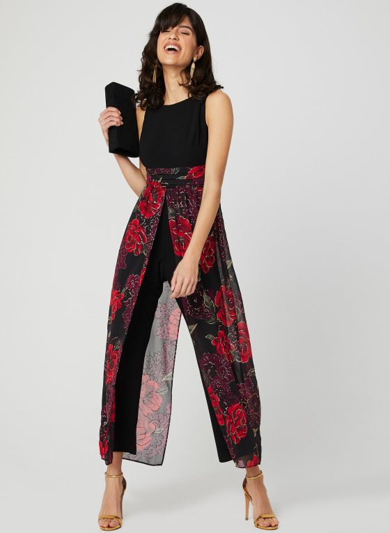 Floral Print Jumpsuit, Black