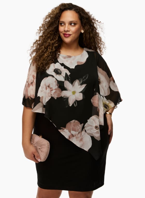 Floral Chiffon Poncho Dress, Black Pattern