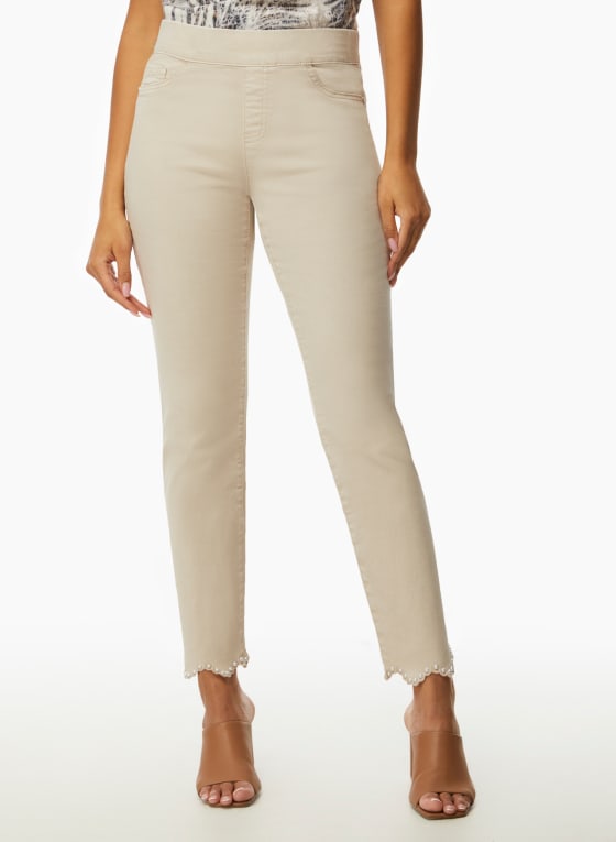 Pearl Detail Pull-On Jeans, Stone