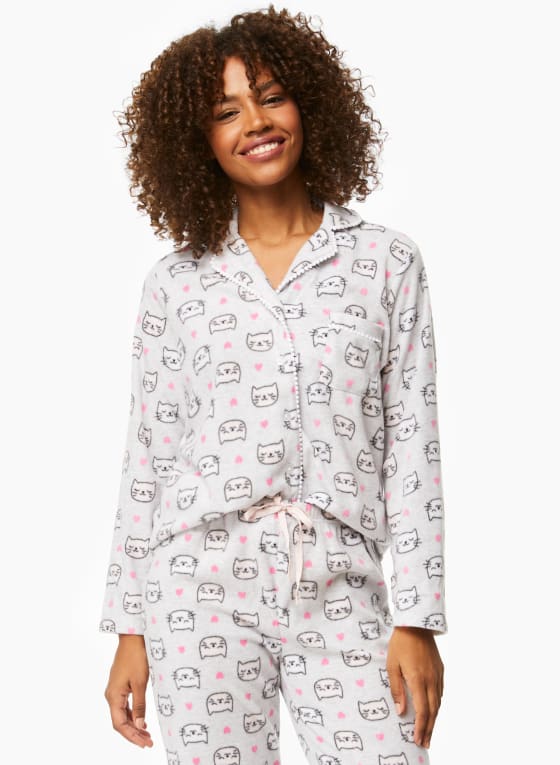 Heart & Cat Print Pyjama Set, Grey Pattern