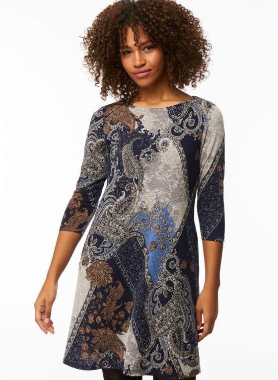 3/4 Sleeve Paisley Motif Dress, Blue Pattern