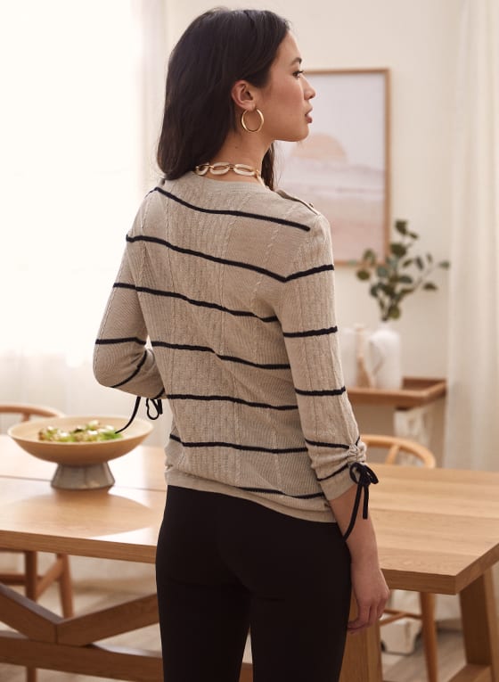 Stripe Motif Drawstring Detail Sweater, White Pattern