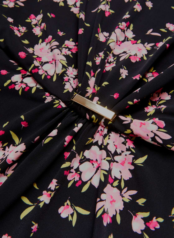 Floral Print Waist Detail Dress, Black Pattern