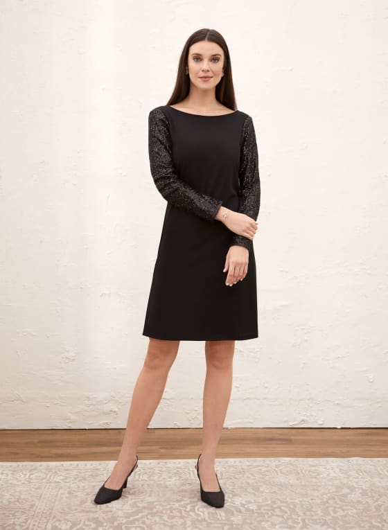 Sequin Sleeve A-Line Dress, Black