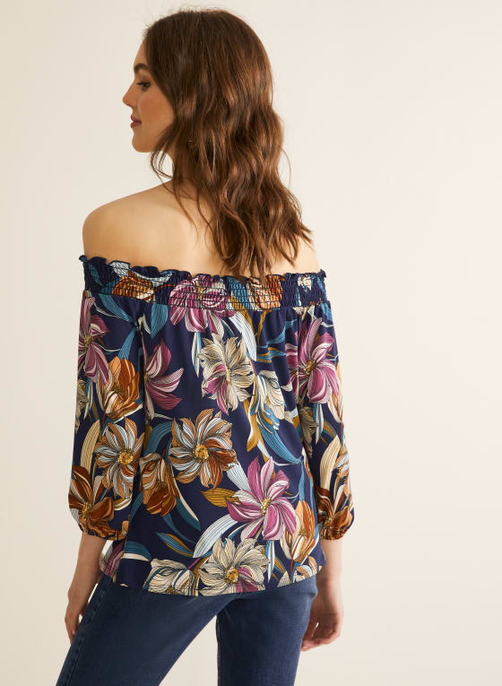 Floral Print Off-The-Shoulder Top, Blue Pattern