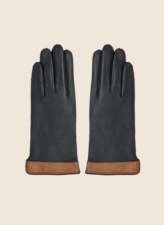 Two Tone Leather Gloves, Black