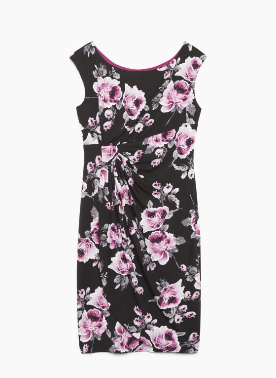 Cap Sleeve Floral Print Dress, Black Pattern
