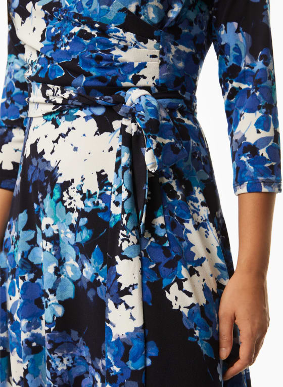 Floral Print Wrap Midi Dress, Blue Pattern