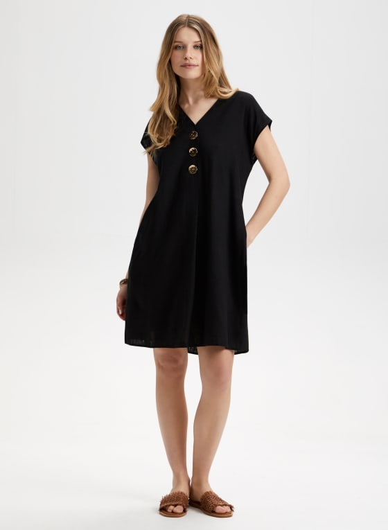 Linen Blend Button Front Dress, Black