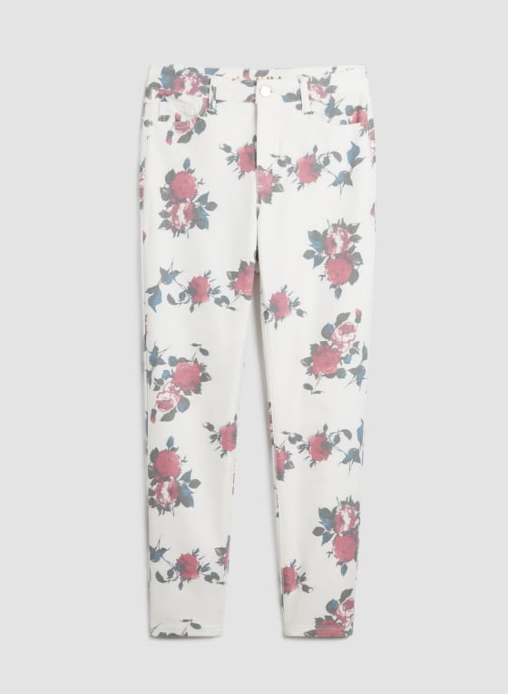 Floral Print Slim Leg Jeans, White Pattern