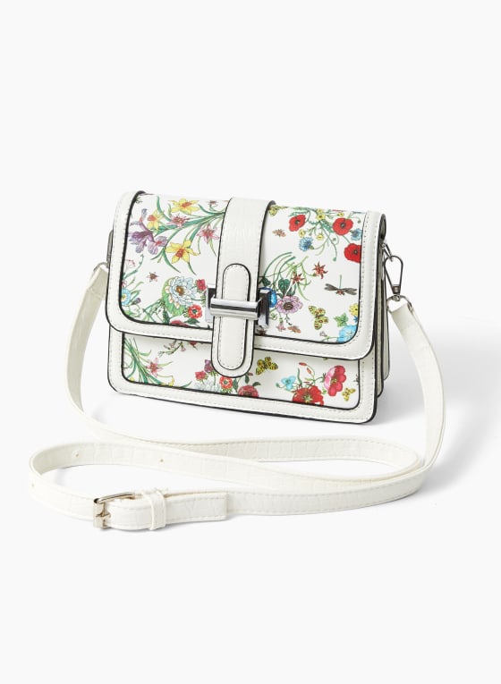 Floral Motif Crossbody Bag, White Pattern