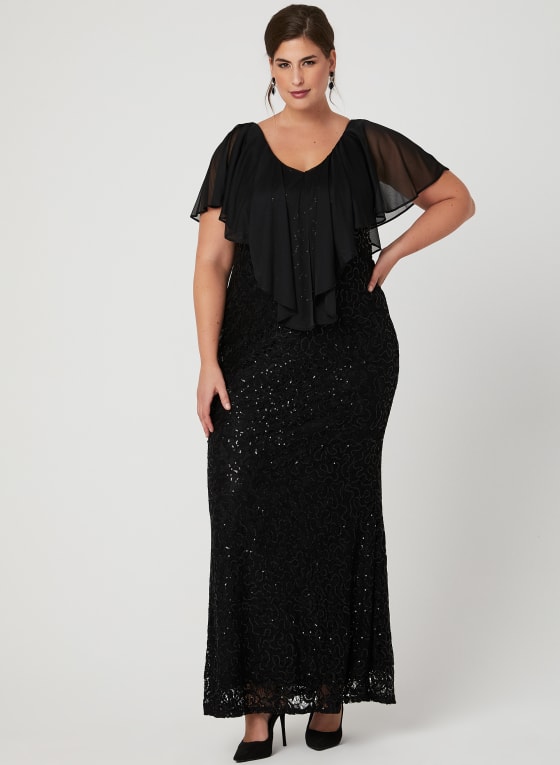 Sequined Lace Poncho Dress, Black