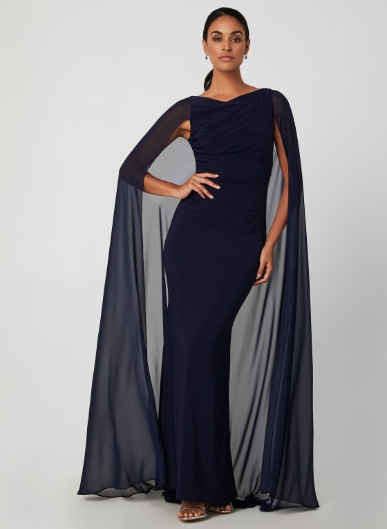 10965 Smokey Blue chiffon A line. Off shoulder with long sleeves. Size –  Bridal & Ball New Zealand