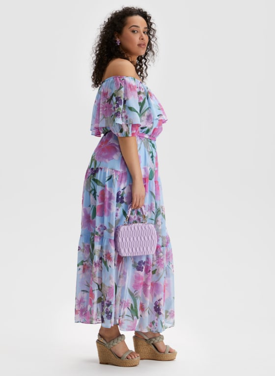 Off-the-Shoulder Floral Print Dress, Blue Pattern