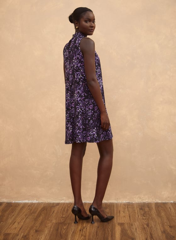 Petal Print Mock Neck Dress, Purple Pattern