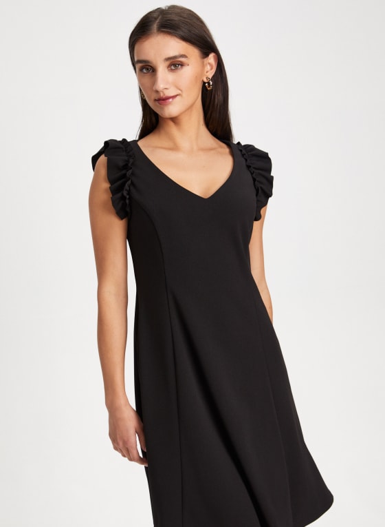 V-Neck Ruffle Detail Dress, Black