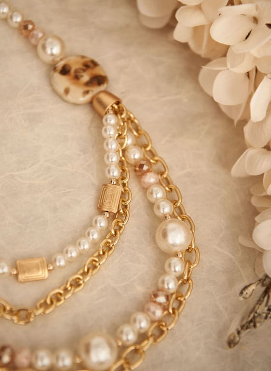 Collier multi-rangs à perles et détails dorés, Blanc perle
