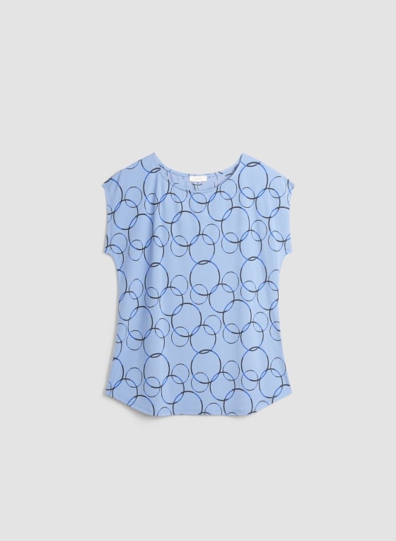Circle Print Short Sleeve Top, Blue Pattern