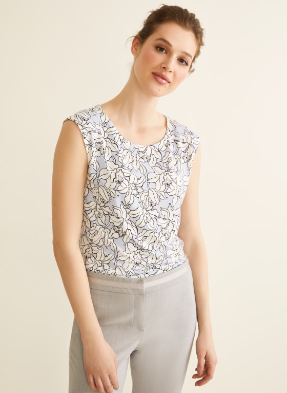 Sleeveless Floral Top, Blue Pattern