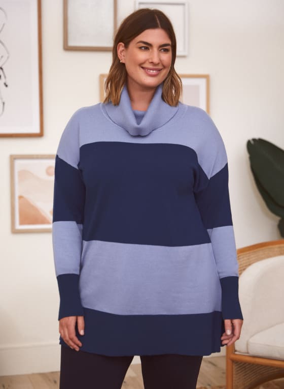 Cowl Neck Colour Block Sweater, Blue Pattern