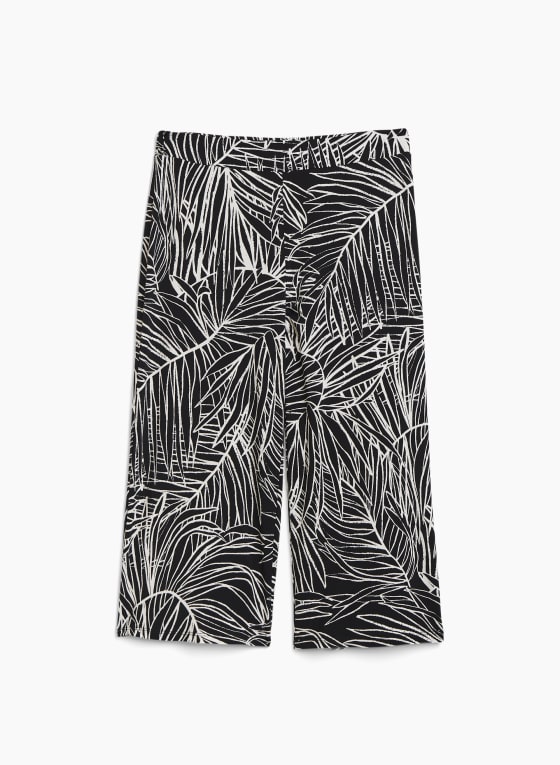 Palm Leaf Print Pull-On Capris, Black Pattern