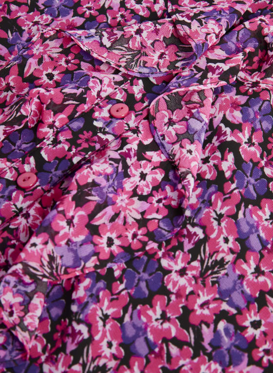 Floral Print Sleeveless Ruffle Blouse, Purple Pattern